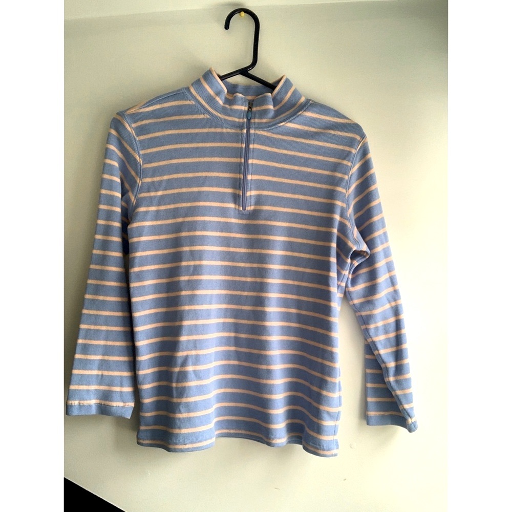 L.L Bean Women’s Long Sleeve Blue Peach 100% cotton Collared Zip Neck Line Shirt